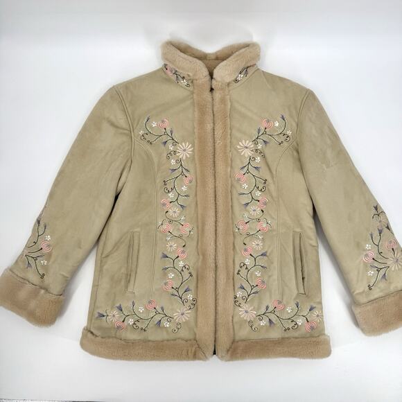 Embroidered Floral Faux Vegan Suede Sherpa Lined Boho Western Jacket Coat LARGE - Picture 8 of 11